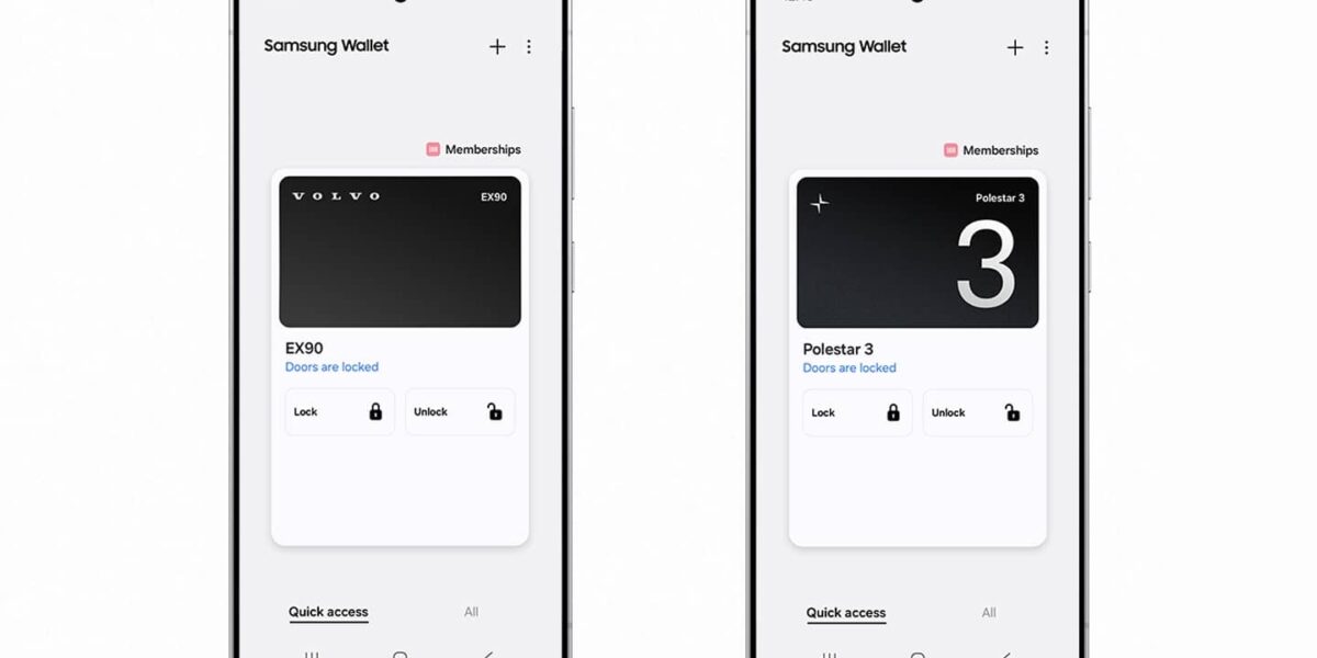 Samsung Wallet-App auf Smartphone zeigt digitale Autoschlüssel für Volvo und Polestar