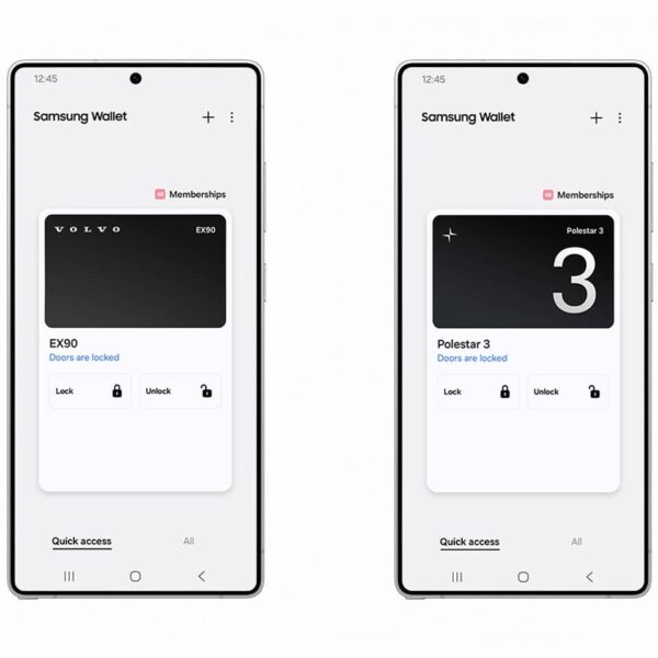 Samsung Wallet-App auf Smartphone zeigt digitale Autoschlüssel für Volvo und Polestar