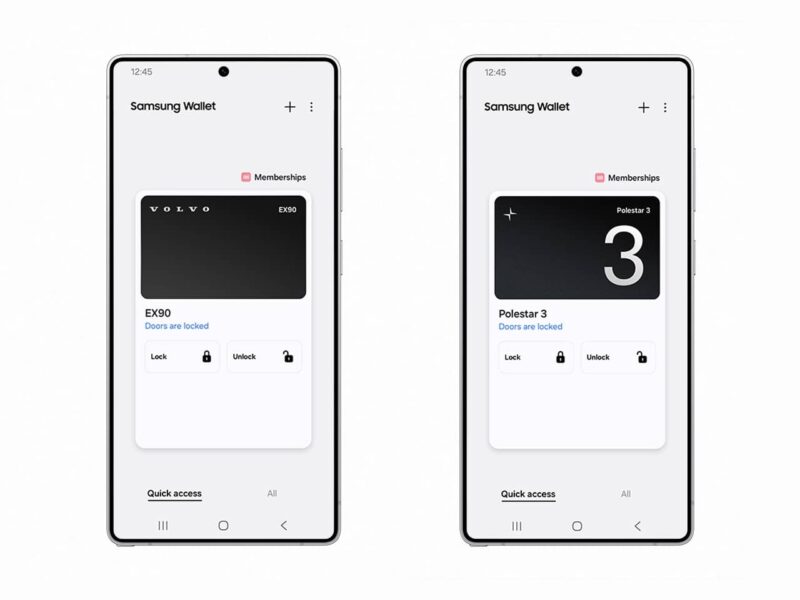 Samsung Wallet-App auf Smartphone zeigt digitale Autoschlüssel für Volvo und Polestar