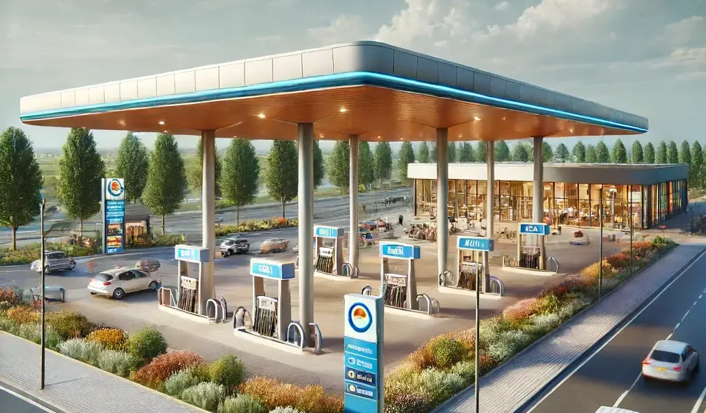 Modernes Tankstellengelände mit mehreren Zapfsäulen unter einer Überdachung, hell beleuchtet und kleinem Shop an der Seite, generiert von DALL·E