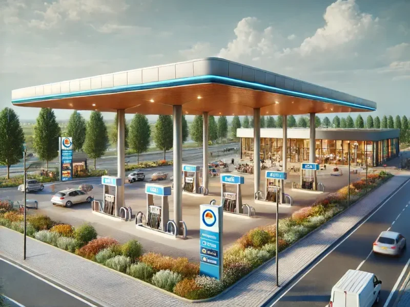 Modernes Tankstellengelände mit mehreren Zapfsäulen unter einer Überdachung, hell beleuchtet und kleinem Shop an der Seite, generiert von DALL·E